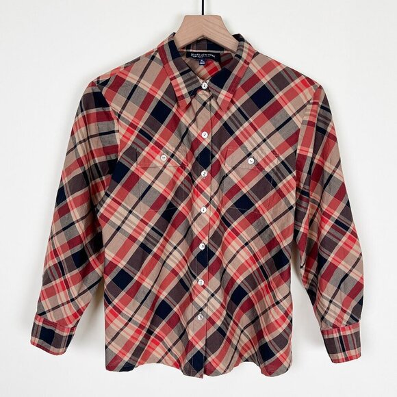Vintage Tops - Vintage 90s Y2K Plaid Print Button Down Shirt Top Blouse Fall Christmas Preppy